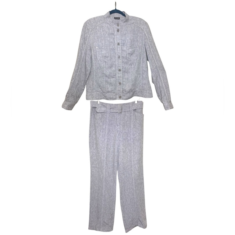Gerry Weber Gray Linen Two-Piece Pant Jacket Set Wide Leg Trousers L Minimalist